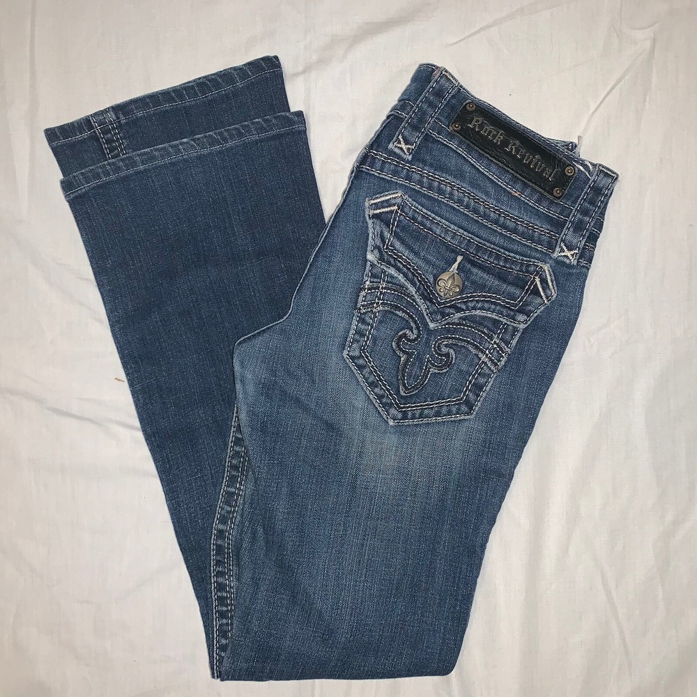 Rock Revival Size 25 Deborah Boot Jeans Low Rise Denim Flap Pockets Blue 25 x 28